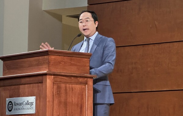 U.S. Rep. Andy Kim delivers his campaign pitch to Burlington County Democratic voters on ahead of a vote to decide which candidate for U.S. Senate on Saturday, Feb. 24, 2024. Kim won the vote on Saturday but his odds look longer in populous northern counties where first lady Tammy Murphy has party leader support. AP photo/Mike Catalini)