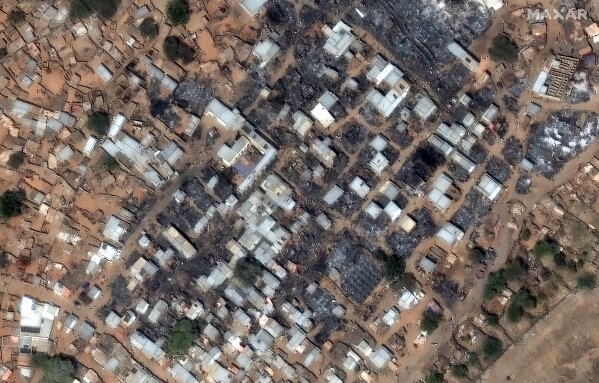 General view of Zamzam refugee camp after being attacked, outside the Darfur town of al-Fasher, Darfur region, Sudan, on Feb. 13, 2025. (Maxar Technologies via AP)