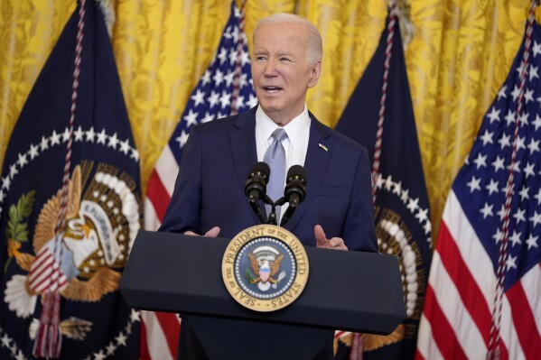 President Joe Biden speaks to the National Governors Association during an event in the East Room of the White House, Friday, Feb. 23, 2024, in Washington. (AP Photo/Evan Vucci)