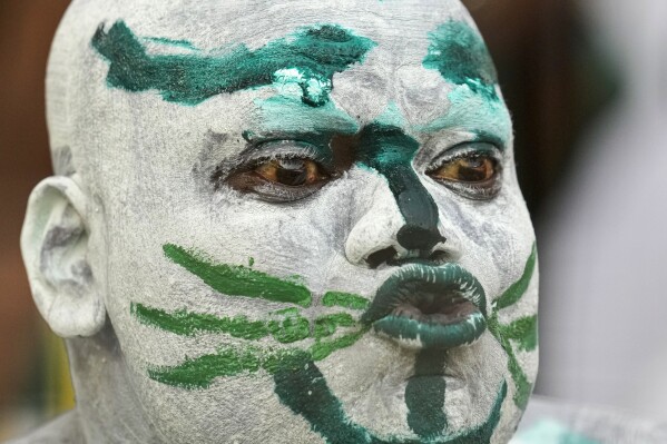 A Nigeria supporter shouts before the African Cup of Nations semi final soccer match between Nigeria and South Africa, at the Peace of Bouake stadium in Bouake Bouake, Ivory Coast, Wednesday, Feb. 7, 2024. (APPhoto/Themba Hadebe)