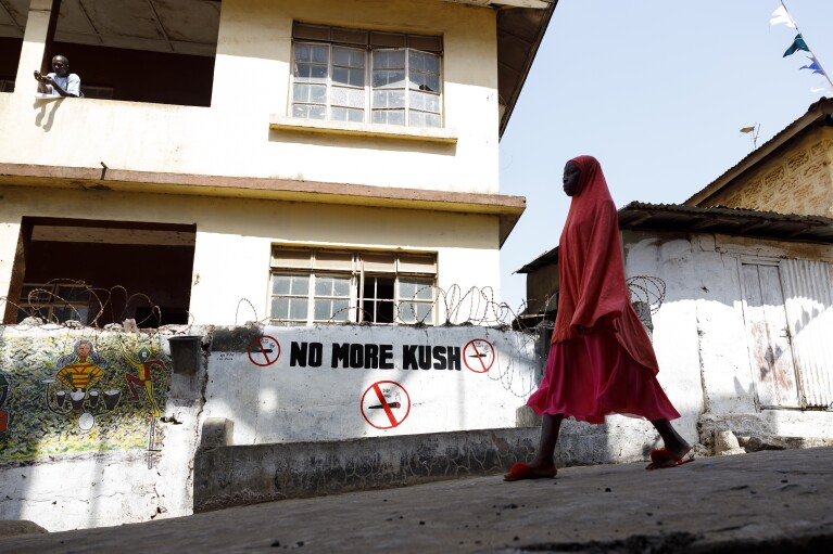 A girl walks past a 'No more Kush' warning on a wall on Bombay Street in Freetown, Sierra Leone, Saturday, April 25, 2024. Sierra Leone declared a war on the cheap synthetic drug, calling it an epidemic and a national threat. The drug is ravaging youth, and healthcare services are severely limited. (AP Photo/ Misper Apawu)