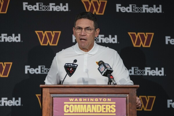 Washington Commanders head coach Ron Rivera speaking during a press conference at the end of an NFL football game against the Dallas Cowboys, Jan. 7, 2024, in Landover, Md. (AP Photo/Mark Schiefelbein, File)
