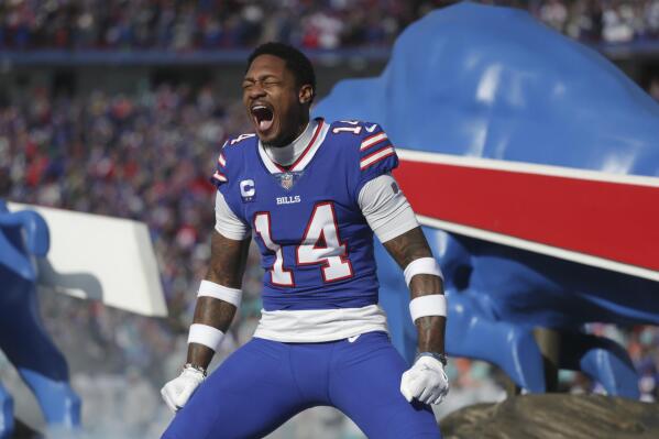 Buffalo Bills wide receiver Stefon Diggs (14) arrives on the field prior to an NFL wild-card playoff football game against the Miami Dolphins, Sunday, Jan. 15, 2023, in Orchard Park, N.Y. (AP Photo/Joshua Bessex)