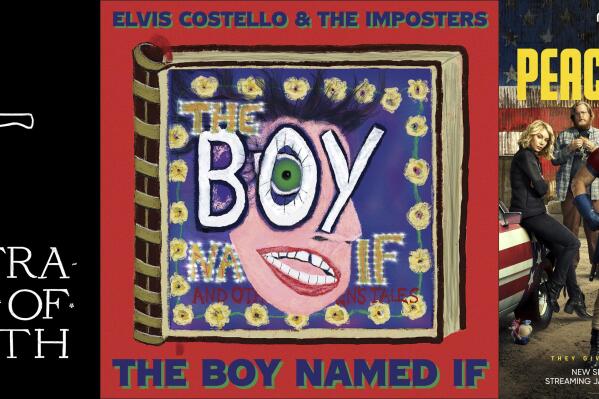 This combination of photos shows, from left, promotional art for "The Tragedy of Macbeth," album art for "The Boy Named If," by Elvis Costello & The Imposters" and "The Peacemaker" a series on HBO Max. (A24/Capitol Records/HBO Max via AP)