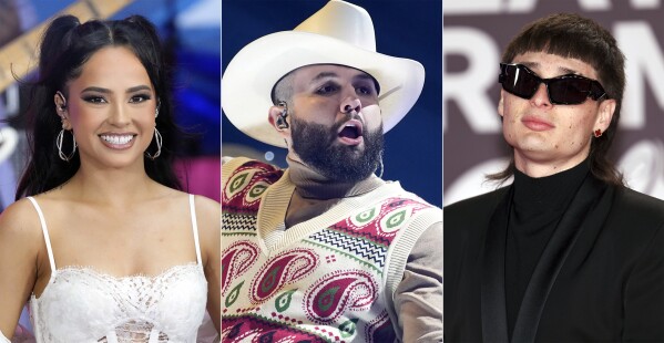 This combination of photos show Becky G on NBC's "Today" show in New York on Aug. 25, 2023, left, Carin Leon at the Latin American Music Awards in Los Angeles on April 20, 2023, center, and Peso Pluma at the 24th annual Latin Grammy Awards in Seville, Spain, on Nov. 16, 2023. Regional Mexican music has become a global phenomenon, topping music charts, breaking streaming records and reaching new audiences as it crosses borders. (AP Photo)