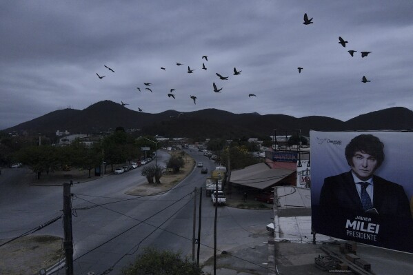 Birds fly over a billboard of presidential hopeful Javier Milei in Salta, Argentina, Wednesday, Oct. 4, 2023. Milei, a right-wing populist who admires Donald Trump and made a name for himself by shouting against Argentina's “political caste” on television, finds himself the front-runner for this month's presidential election. (AP Photo/Javier Corbalan)