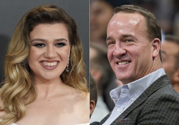 This combination of photos shows Kelly Clarkson at the 66th annual Grammy Awards in Los Angeles on Feb. 4, 2024, left, and retired NFL quarterback Peyton Manning in Denver on Dec. 20, 2022. Clarkson and Manning will join sportscaster Mike Tirico in Paris as hosts of the opening ceremony at the Paris Olympics. (AP Photo)