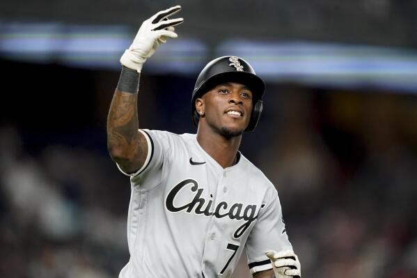 Chicago White Sox' Tim Anderson reacts towards the crowd while running the bases after hitting a three-run home run off New York Yankees relief pitcher Miguel Castro in the eighth inning of the second baseball game of a doubleheader, Sunday, May 22, 2022, in New York. (AP Photo/John Minchillo)