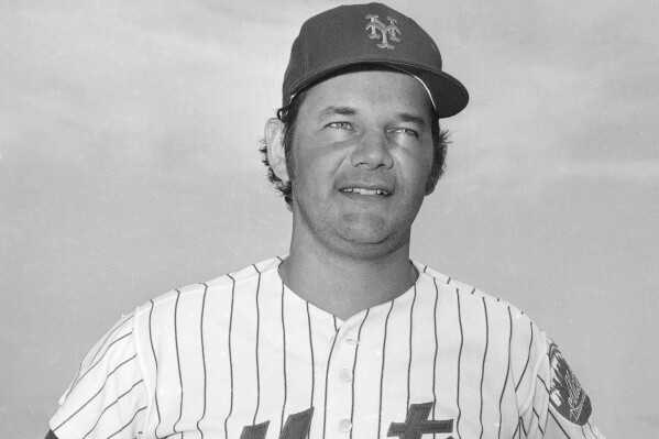 FILE - New York Mets catcher Ron Hodges is shown at spring training camp in St. Petersburg, Fla., in March 1977. Hodges, a catcher who spent his entire 12-season major league career with the New York Mets, died Friday, Nov. 24, 2023. He was 74. (AP Photo/Harry Harris, File)
