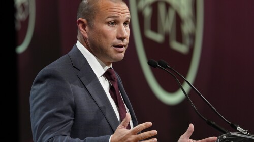 Mississippi State head coach Zach Arnett speaks during NCAA college football Southeastern Conference Media Days, Tuesday, July 18, 2023, in Nashville, Tenn. (AP Photo/George Walker IV)