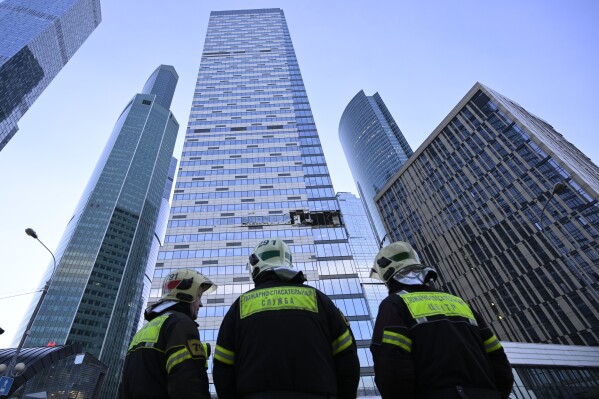 A view of the damaged skyscraper in the "Moscow City" business district after a reported drone attack in Moscow, Russia, early Sunday, July 30, 2023. (AP Photo)