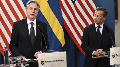 US Secretary of State Antony Blinken, left, and Swedish Prime Minister Ulf Kristersson speak during a press briefing in Luleå, Sweden, Tuesday, May 30, 2023. (Jonas Ekströmer/TT News Agency via AP)