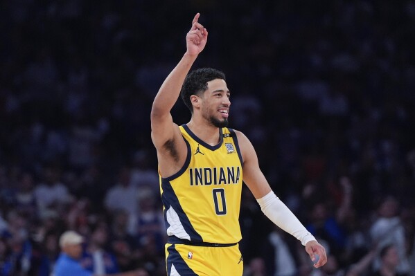 Indiana Pacers guard Tyrese Haliburton reacts during the first half of Game 7 in an NBA basketball second-round playoff series against the New York Knicks, Sunday, May 19, 2024, in New York. (AP Photo/Julia Nikhinson)