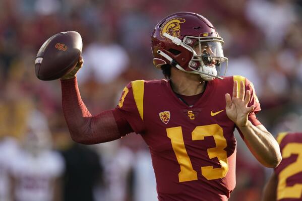 Southern California quarterback Caleb Williams looks to throw against Washington State during the first half of an NCAA college football game Saturday, Oct. 8, 2022, in Los Angeles. (AP Photo/Marcio Jose Sanchez)