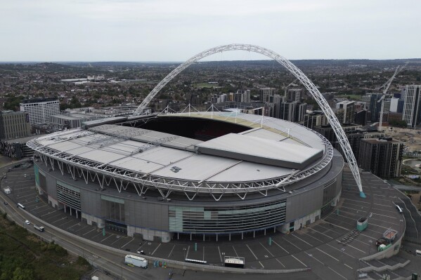 FILE - An aerial view of Wembley stadium in London, Thursday, Sept. 1, 2022. UEFA has decided the future of soccer’s European Championship for the next decade. The United Kingdom and Ireland will host in 2028 and an unusual Italy-Turkey co-hosting plan was picked for 2032. (AP Photo/Frank Augstein, File)