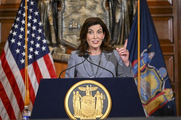 FILE - New York Gov. Kathy Hochul speaks to reporters about legislation passed during a special legislative session in the Red Room at the state Capitol on July 1, 2022, in Albany, N.Y. Judges in New York will have more discretion to set bail, Gov. Hochul announced Thursday, April 27, 2023, a policy change fiercely resisted by some of her fellow Democrats. (AP Photo/Hans Pennink, File)