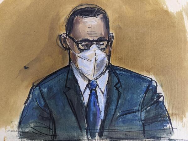 FILE - In this courtroom sketch, R. Kelly listens as the jury foreperson reads the verdict, Sept. 27, 2021, in New York. R&B legend R. Kelly is entering another phase of his well-publicized downward spiral with a sentencing in a New York City courtroom Wednesday, June 29, 2022, that could put him behind bars for a quarter century or more. (AP Photo/Elizabeth Williams, File)