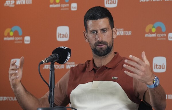 Novak Djokovic, of Serbia, speaks at a news conference at the Miami Open tennis tournament, Thursday, March 20, 2025, in Miami Gardens, Fla. (AP Photo/Lynne Sladky)