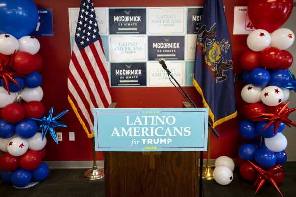 The "Latino Americans for Trump" office opens in Reading, Pa., Wednesday, June 12, 2024. (AP Photo/Joe Lamberti)