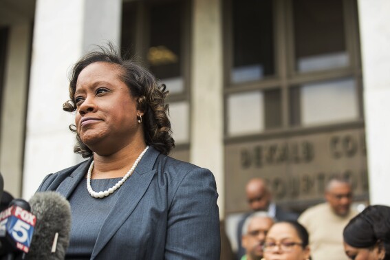 FILE - DeKalb County District Attorney Sherry Boston speaks during a news conference in front of the DeKalb County Courthouse in Decatur, Ga., Oct. 14, 2019. Boston is one of three Georgia district attorneys who sued again on Tuesday, April 16, 2024, to overturn a law that lets a new commission to discipline and remove prosecutors. (Alyssa Pointer/Atlanta Journal-Constitution via AP, File)
