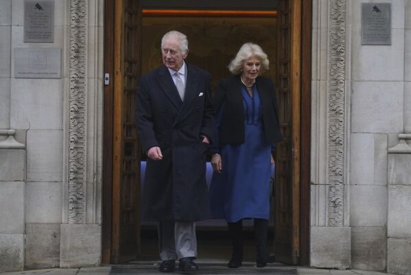 Britain's King Charles III and Queen Camilla depart The London Clinic where King Charles had undergone a procedure for an enlarged prostate, in central London, Monday, Jan. 29, 2024. (Victoria Jones/Pool Photo via AP)