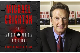 This combination of photos shows a cover image for the upcoming Harper release, “The Andromeda Evolution,” by Michael Crichton and Daniel H. Wilson, left, and a portrait of the late Michael Crichton in New York on Nov. 4, 2008. Crichton’s literary archive and production company has authorized a sequel to his breakthrough novel “The Andromeda Strain.” HarperCollins Publishers announced Tuesday that “The Andromeda Evolution” will come out Nov. 12. (Harper via AP, left, AP File)
