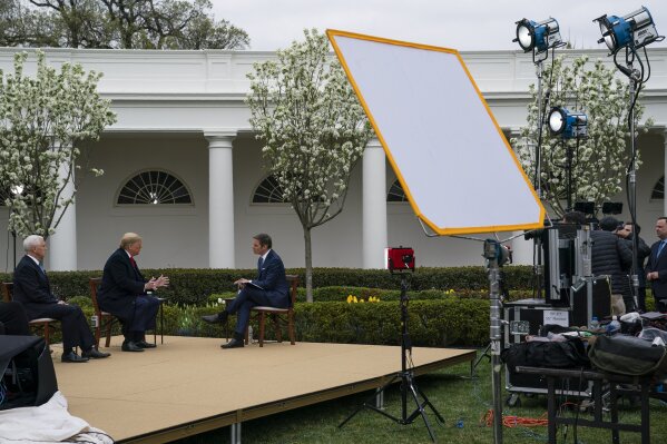 President Donald Trump talks with host Bill Hemmer during a Fox News virtual town hall with members of the coronavirus task force, in the Rose Garden at the White House, Tuesday, March 24, 2020, in Washington. (AP Photo/Evan Vucci)