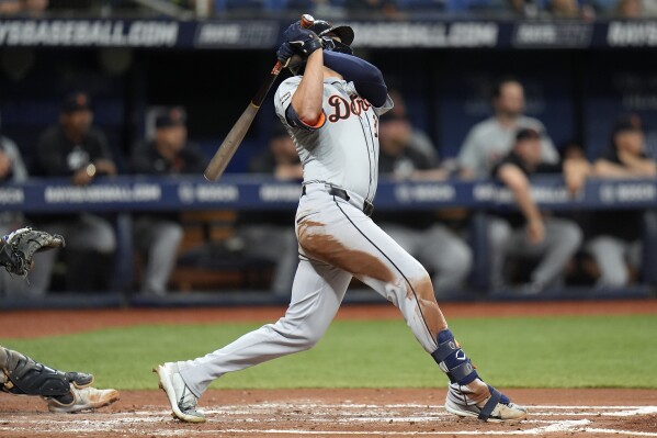 Detroit Tigers' Riley Greene watches his solo home run off Tampa Bay Rays starting pitcher Ryan Pepiot during the third inning of a baseball game Tuesday, April 23, 2024, in St. Petersburg, Fla. (AP Photo/Chris O'Meara)