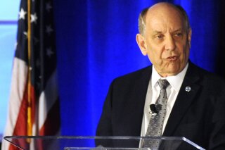 National Weather Service Director Louis Uccellini addresses a meeting of the National Weather Association in Huntsville, Ala., Monday, Sept. 9, 2019. Uccellini defended forecasters who contradicted President Donald Trump's claim that Hurricane Dorian posed a threat to Alabama as it approached the United States. (AP Photo/Jay Reeves)