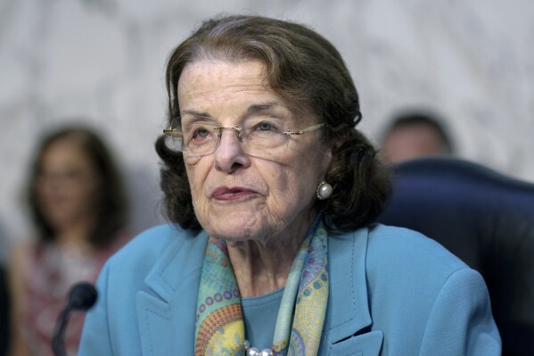 FILE - Sen. Dianne Feinstein, D-Calif., speaks during the Senate Intelligence hearing, July 12, 2023, on Capitol Hill in Washington. (AP Photo/Mariam Zuhaib, File)