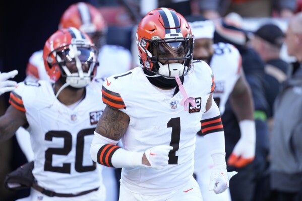 FILE - Cleveland Browns safety Juan Thornhill (1) in the first half of an NFL football game, Nov. 26, 2023, in Denver. (AP Photo/David Zalubowski, File)
