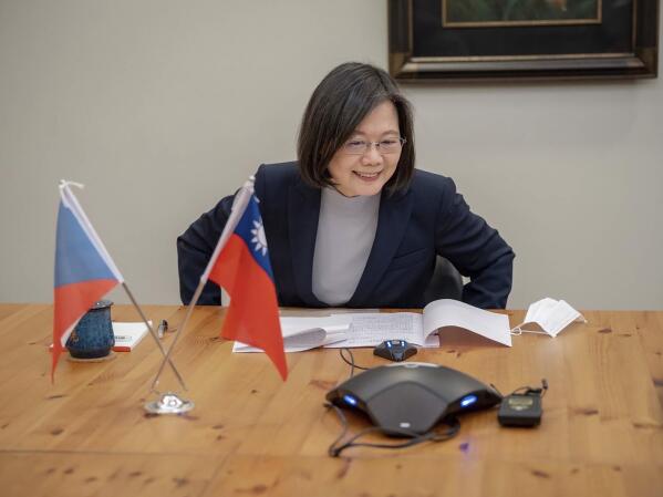 In this photo released by the Taiwan Presidential Office, Taiwan's President Tsai Ing-wen speaks by phone with the Czech Republic's President elect Petr Pavel in Taipei, Taiwan, Monday, Jan. 30, 2023. China on Tuesday, Jan. 31, 2023, accused Czech President-elect Petr Pavel of challenging its hard line on national sovereignty by affirming ties with self-ruled Taiwan in a phone with the island’s leader. (Taiwan Presidential Office via AP)
