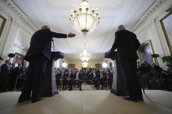 President Donald Trump and Israeli Prime Minister Benjamin Netanyahu speak during a news conference in the East Room of the White House, Tuesday, Feb. 4, 2025, in Washington. (AP Photo/Alex Brandon)