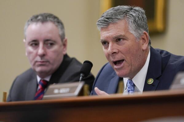 Rep. Darin LaHood, R-Ill., speaks during the House Select Committee on Intelligence annual open hearing on worldwide threats at the Capitol in Washington, Thursday, March 9, 2023. Rep. Brian Fitzpatrick, R-Pa., is left. (AP Photo/Carolyn Kaster)