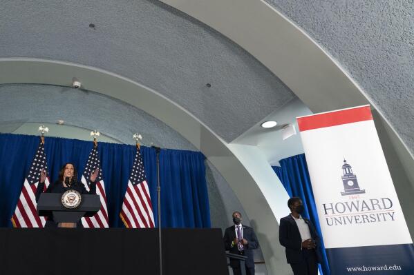 Vice President Kamala Harris speaks about voting rights at Howard University in Washington, Thursday, July 8, 2021. (AP Photo/Andrew Harnik)
