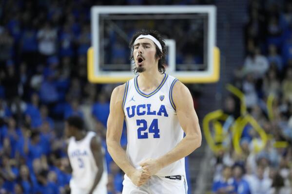 UCLA guard Jaime Jaquez Jr. (24) reacts after scoring during the second half of an NCAA college basketball game against Colorado in Los Angeles, Saturday, Jan. 14, 2023. (AP Photo/Ashley Landis)