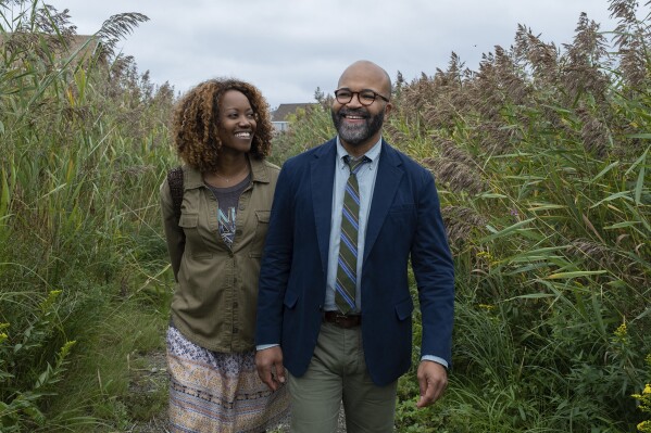 This image released by MGM shows Erika Alexander, left, and Jeffrey Wright in a scene from "American Fiction." (Claire Folger/MGM-Orion via AP)