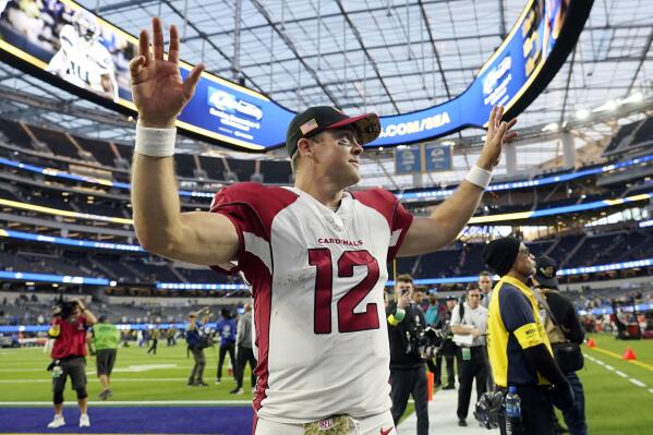 Arizona Cardinals quarterback Colt McCoy (12) walks off the field after a win over the Los Angeles Rams during the second half of an NFL football game Sunday, Nov. 13, 2022, in Inglewood, Calif. (AP Photo/Jae C. Hong)