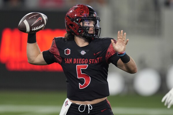 San Diego State quarterback Danny O'Neil throws a pass during the first half of an NCAA college football game against Washington State Saturday, Oct. 26, 2024, in San Diego. (AP Photo/Gregory Bull)
