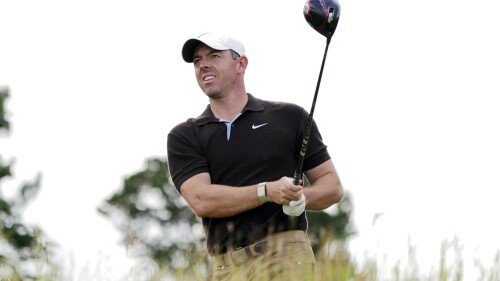 Rory McIlroy tees off on the 10th on day three of the Genesis Scottish Open 2023 at The Renaissance Club, North Berwick, Britain, Saturday, July 15, 2023. (Jane Barlow/PA via AP)