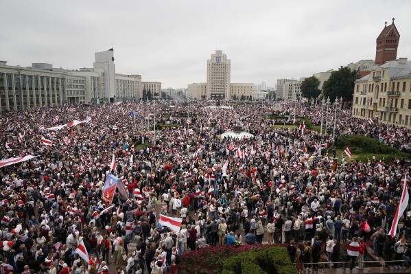 Belarusian opposition supporters rally against Alexander Lukashenko following an election to a sixth term as president at Independence Square in Minsk, Belarus on Aug. 23, 2020. (AP Photo/Evgeniy Maloletka, File)