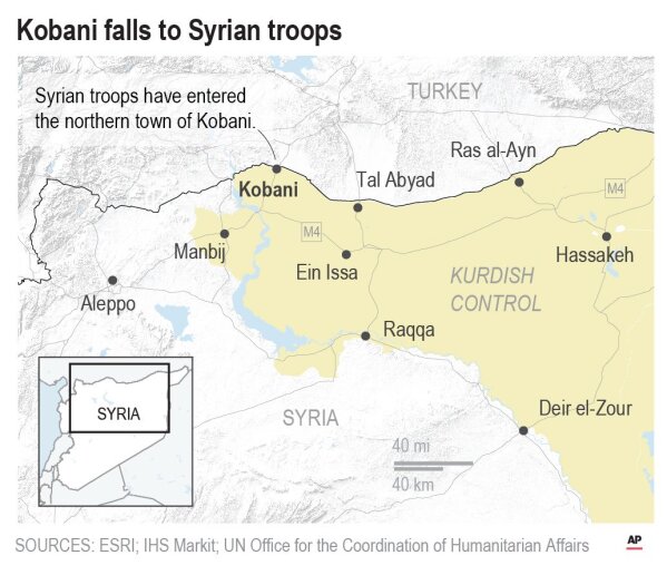 Syrian troops have entered the northern town of Kobani, where Kurdish and U.S. forces first defeated Islamic State group militants together 4 years ago.;