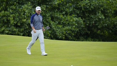 United States' Brian Harman looks at his putt on the 17th green during the third day of the British Open Golf Championships at the Royal Liverpool Golf Club in Hoylake, England, Saturday, July 22, 2023. (AP Photo/Jon Super)