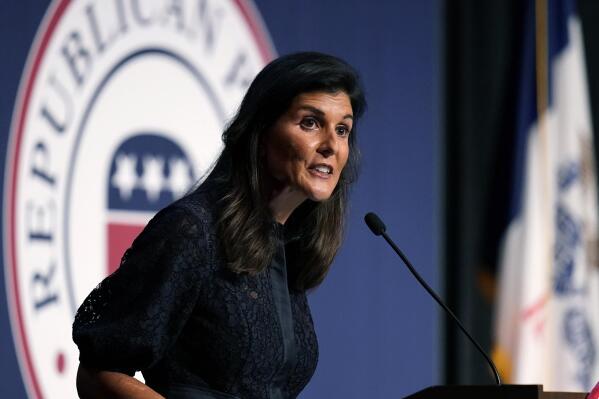 Former Ambassador to the United Nations Nikki Haley speaks during the Iowa Republican Party's Lincoln Dinner, Thursday, June 24, 2021, in West Des Moines, Iowa. (AP Photo/Charlie Neibergall)