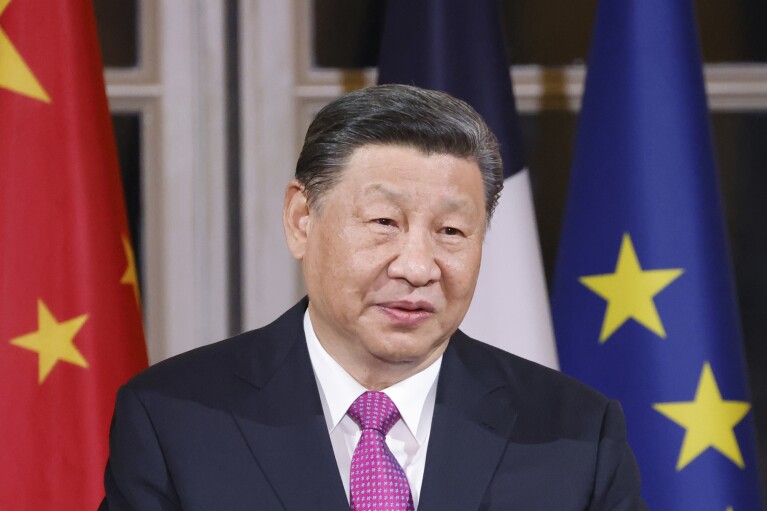 FILE - Chinese President Xi Jinping speaks during a toast at a state dinner, at the Elysee Palace in Paris, Monday, May 6, 2024. Russian President Vladimir Putin says his regime is prepared to negotiate over the conflict in Ukraine in an interview with Chinese media on the eve of visit to partner Beijing that has backed Moscow in its full-scale invasion of its neighbor. (Ludovic Marin, Pool via AP, File)