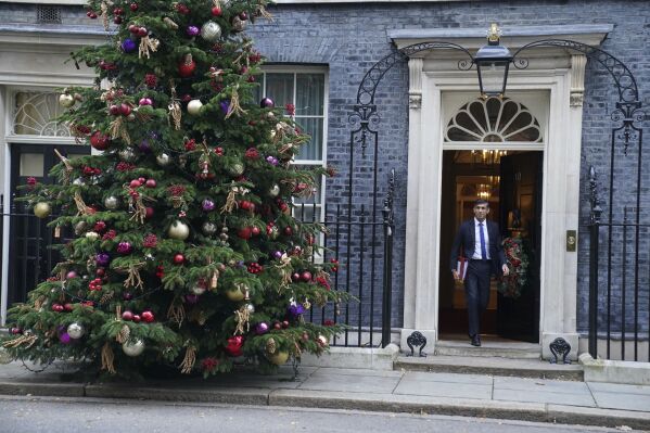 Prime Minister Rishi Sunak departs 10 Downing Street, London, to attend Prime Minister's Questions at the Houses of Parliament, on Wednesday Nov. 29, 2023. (Stefan Rousseau/PA via AP)