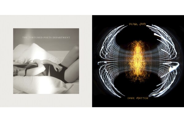 This combination of album covers shows "The Tortured Poets Department" by Taylor Swift and "Dark Matter" by Pearl Jam. (Republic Records via AP, left, and Monkeywrench/Republic Records via AP)