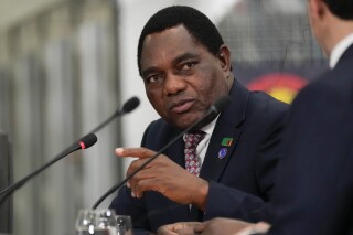 Zambia President Hakainde Hichilema speaks during the Lobito Corridor Trans-Africa Summit at the Carrinho food processing factory near Lobito, Angola, on Dec. 4, 2024. (AP Photo/Ben Curtis, file)