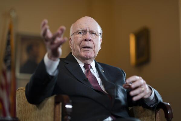 Sen. Patrick Leahy, D-Vt., the president pro temper of the Senate, discusses his life in the Senate and his Vermont roots during an Associated Press interview in his office at the Capitol in Washington, Monday, Dec. 19, 2022. The U.S. Senate's longest-serving Democrat, Leahy is getting ready to step down after almost 48 years representing his state in the U.S. Senate. (AP Photo/J. Scott Applewhite)