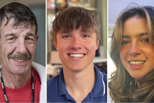 This undated combination of family photos provided by Nottinghamshire Police show from left, school caretaker Ian Coates, and students Barnaby Webber and Grace O'Malley-Kumar who were fatally stabbed in Nottingham, England, on June 13, 2023. A 32-year-old man who fatally stabbed two college students and a man months from retirement in the England city of Nottingham has been told he would “most probably” spend the rest of his life in a high-security medical facility. The judge told Valdo Calocane on Thursday, Jan. 25, 2024 that he committed “a series of atrocities” in June last year. (Nottinghamshire Police via AP)